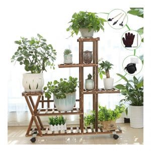 YOUFANG Wooden Plant Stand Shelf 5 Tier with Wheels
